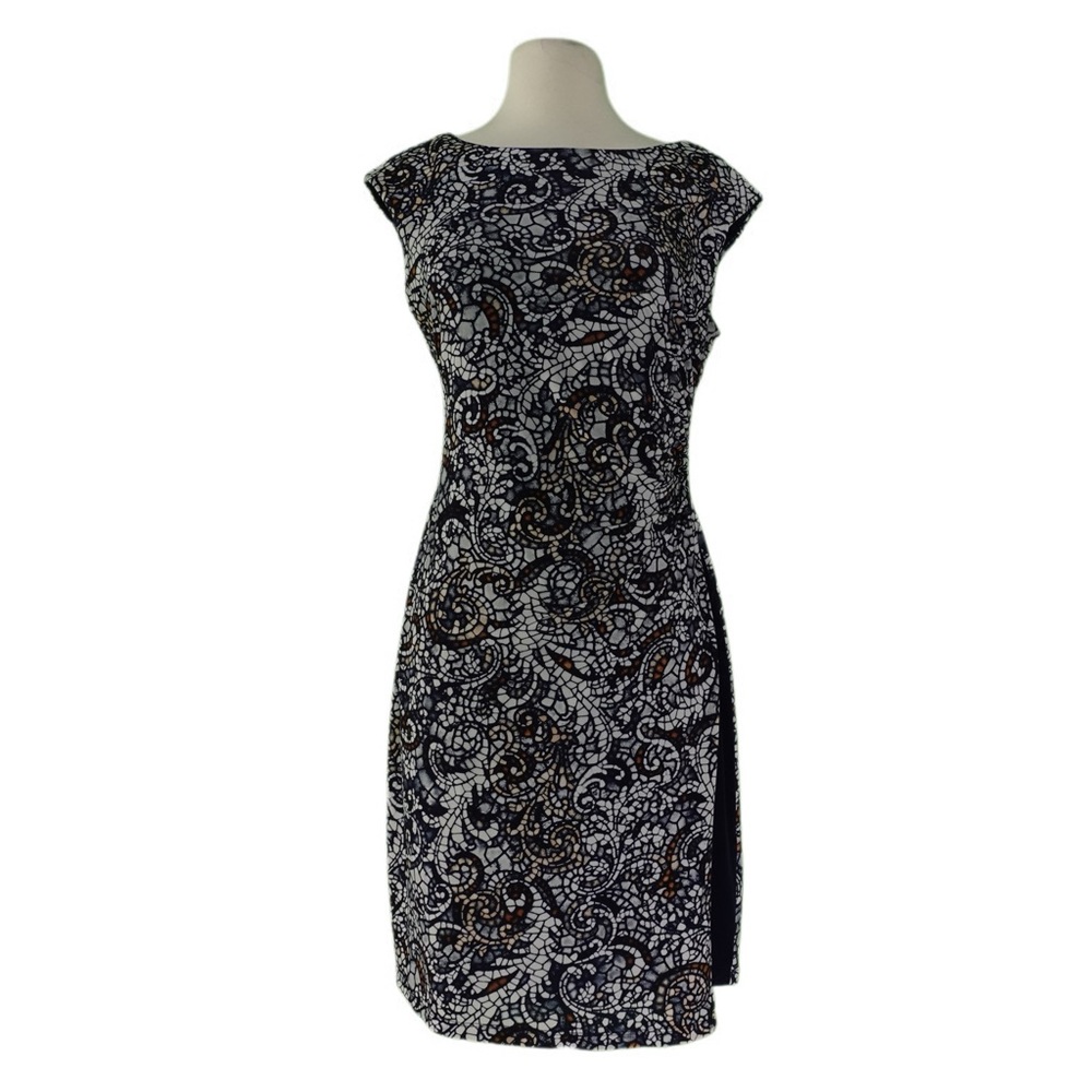 Connected Apparel Blue and Gray Sheath Midi Dress Cap Sleeve Crew Neck